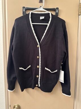 Cielo Black Cardigan Sweater with White Trim and Gold Buttons